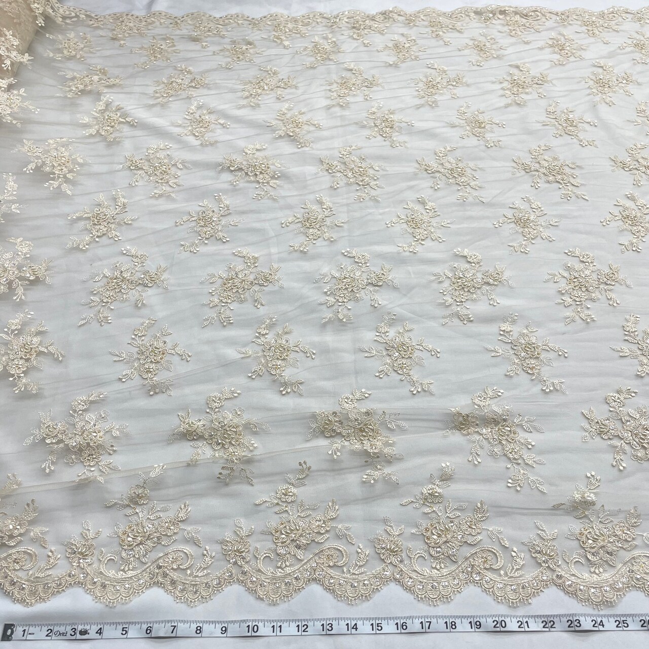 1 Yard Beaded Corded Bridal Lace Fabric Embroidered Mesh Champagne 54" Width